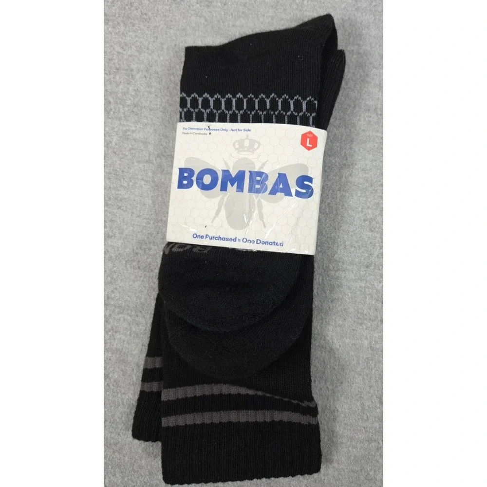 BOMBAS Black Crew Socks Honeycomb Poly Blend Unisex L Cushioned Comfort NEW